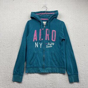 Vintage Y2K Aeropostale Zip Up Hoodie Blue Retro Spell out Logo Women Sz M